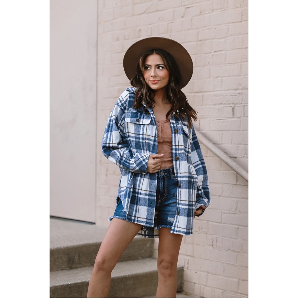 PLAID FLANNEL SHIRT SHACKET - DENIM BLUE